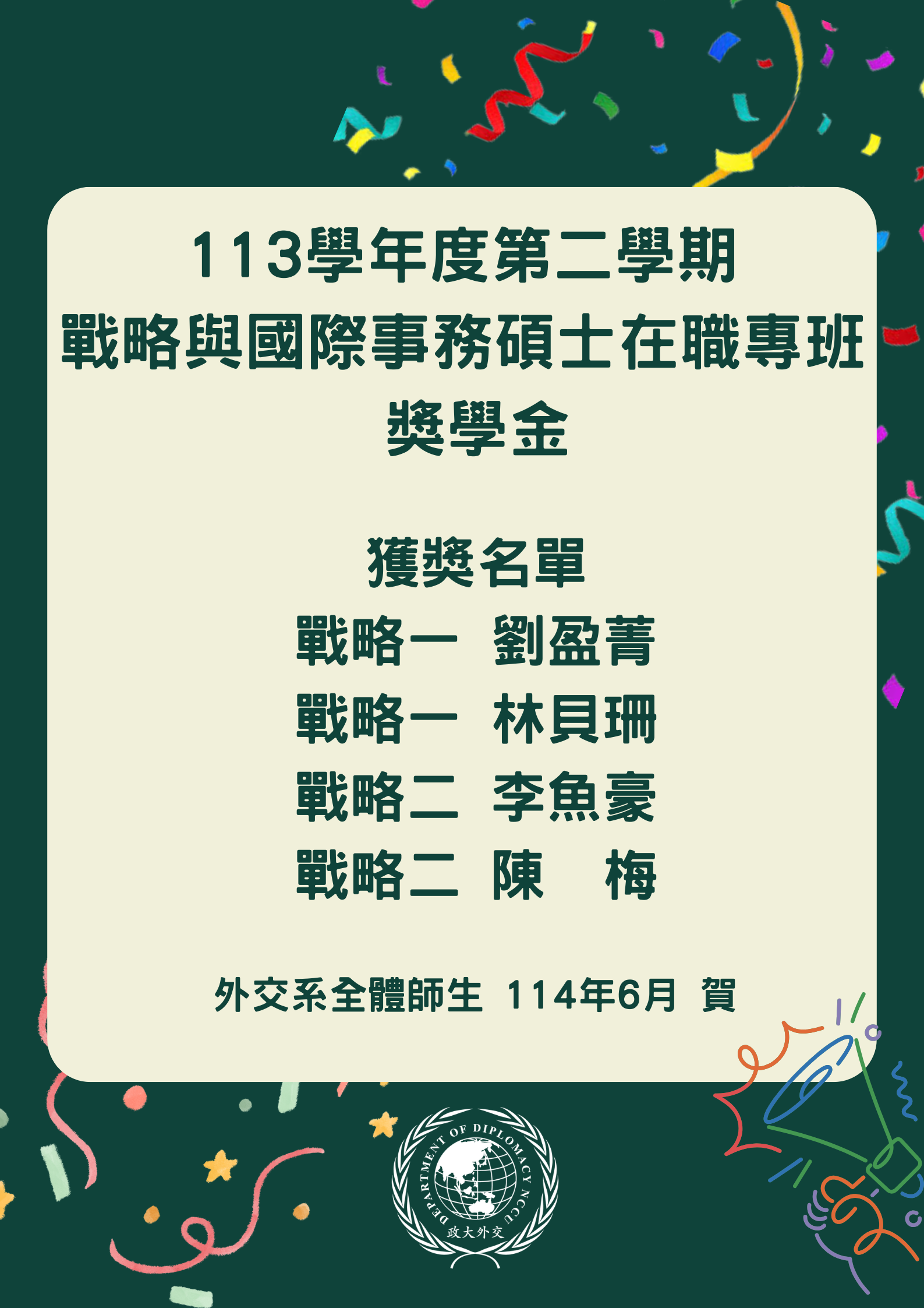 113學年度第二學期戰略與國際事務碩士在職專班獎學金獲獎名單