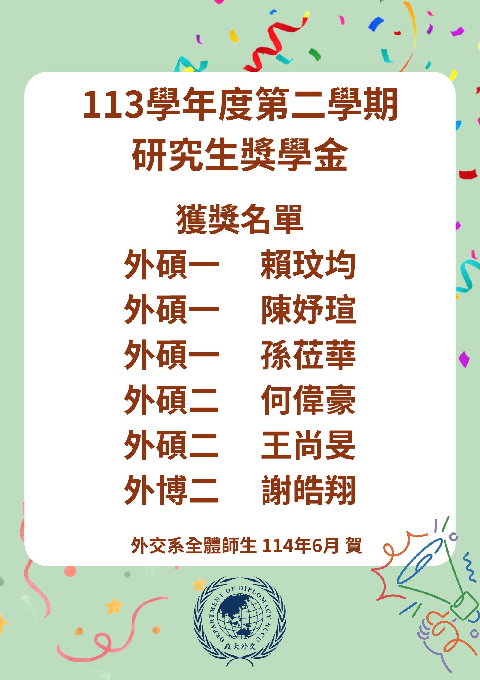 113學年度第二學期研究生獎學金獲獎名單