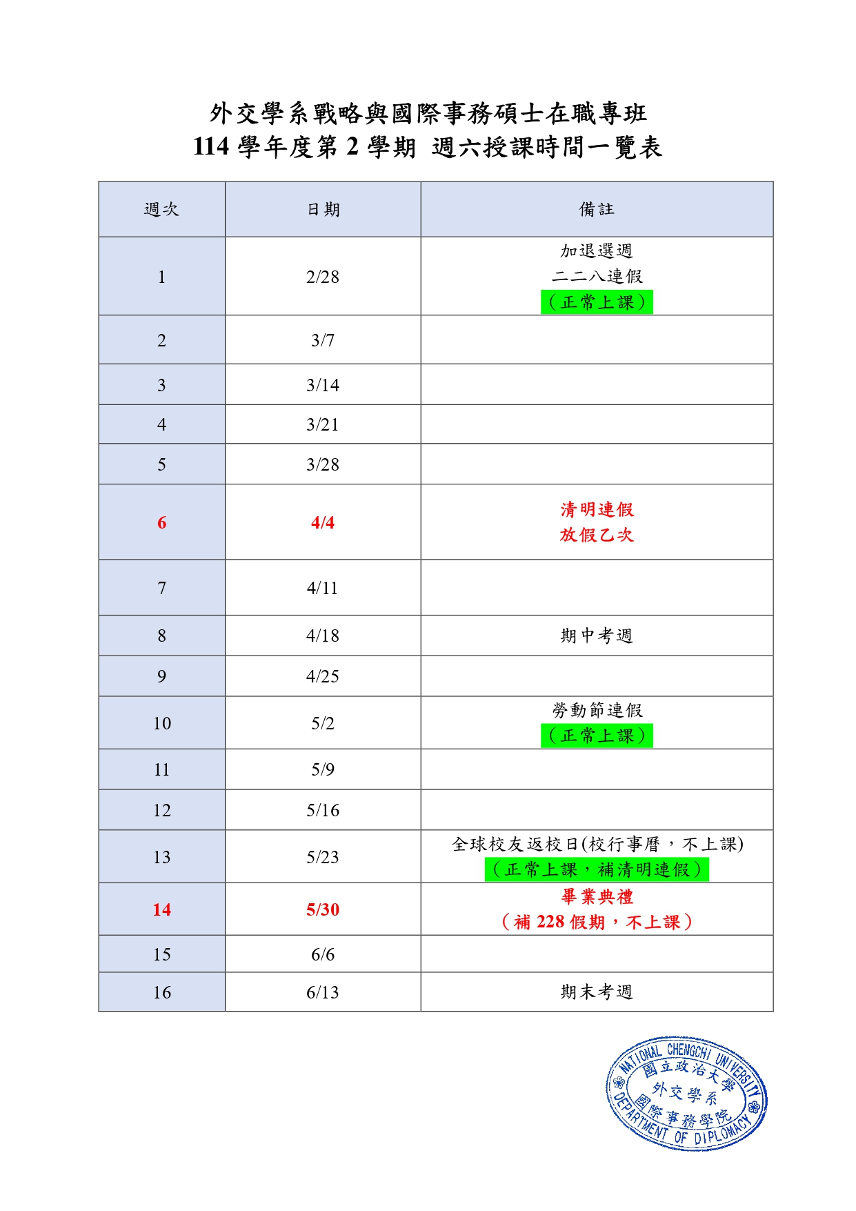 114學年度第2學期外交學系戰略與國際事務碩士在職專班授課日期一覽表(02/24更新)